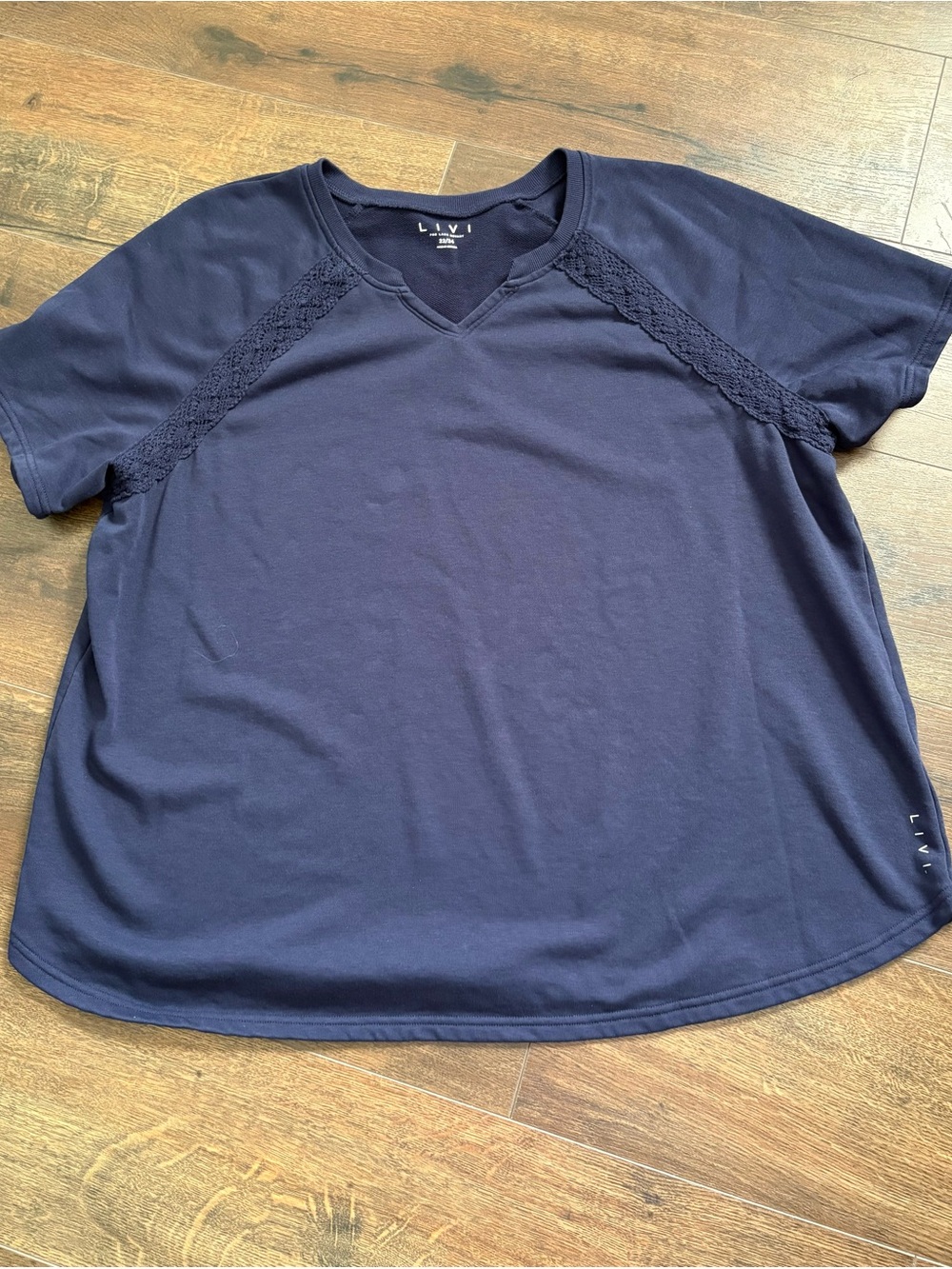 Livi Active Lane Bryant Navy French Terry Short-Sleeve V-Neck with Lace Trim